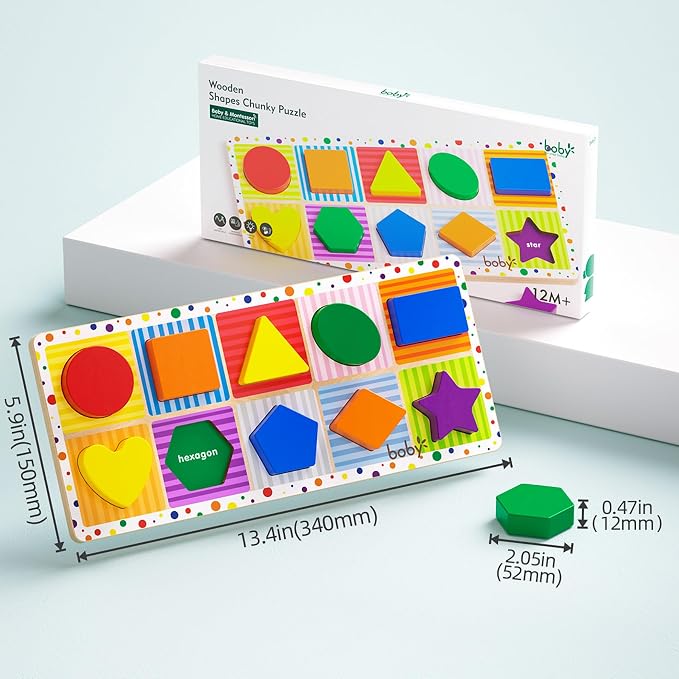 Dailyfunn Wooden Geometric Shape Puzzle (10 pcs) Toddler Puzzles for Ages 1-3 Years Old 12-18-24 Months