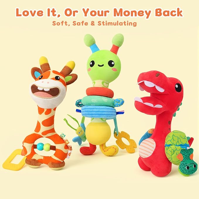 Baby Toy 0-12 Months - BPA-Free Soft Plush Sensory Toy with Gentle Squeaker, Safe Hand Grip & Teething Relief, Portable Newborn Toy for Diaper Bag, Baby Shower Gift (Green Caterpillar)
