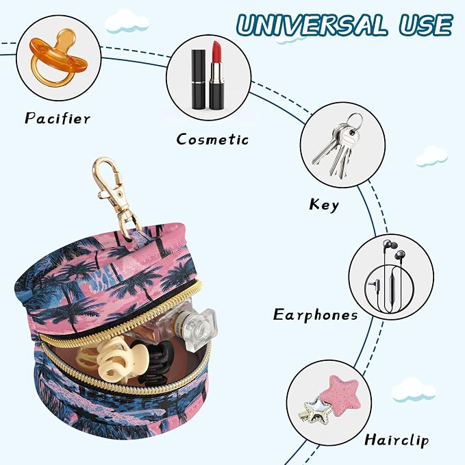 Pacifier Holder with Clip Pacifier Case for Diaper Bag Round Baby Pacifier Pouch Box Bag Portable Palm Tree Wave Pink