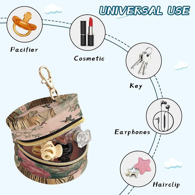 Pacifier Holder with Clip Pacifier Case for Diaper Bag Round Baby Pacifier Pouch Box Bag Portable Brown Tigers Flowers and Birds
