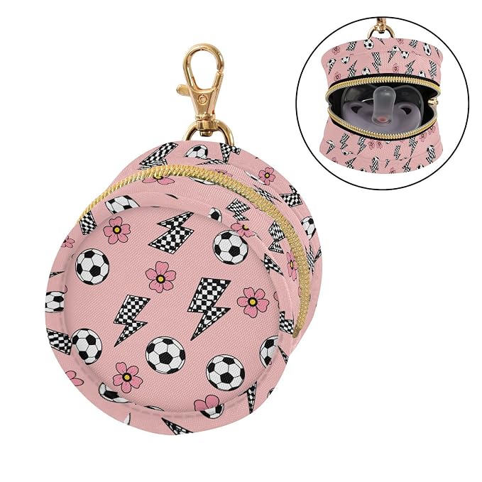 Soccer Flash Flowers Print Pacifier Holder Case for Diaper Bag Portable Travel Pacifier Storage Case with Clip Newborn Baby Pouch for Baby Boys Girls Outdoor Purse