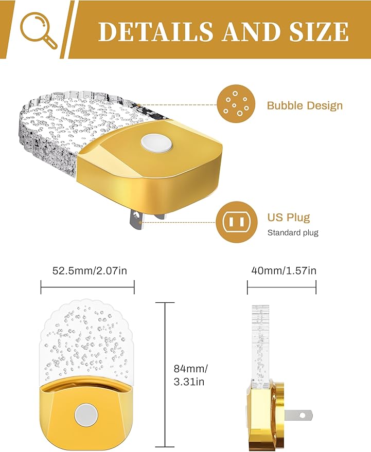 DORESshop 8-Color RGB LED Night Lights Plug Into Wall [2 Pack], Color Changing Night Light with Dusk to Dawn Sensor for Bathroom Decor, Children Room, Golden Cover