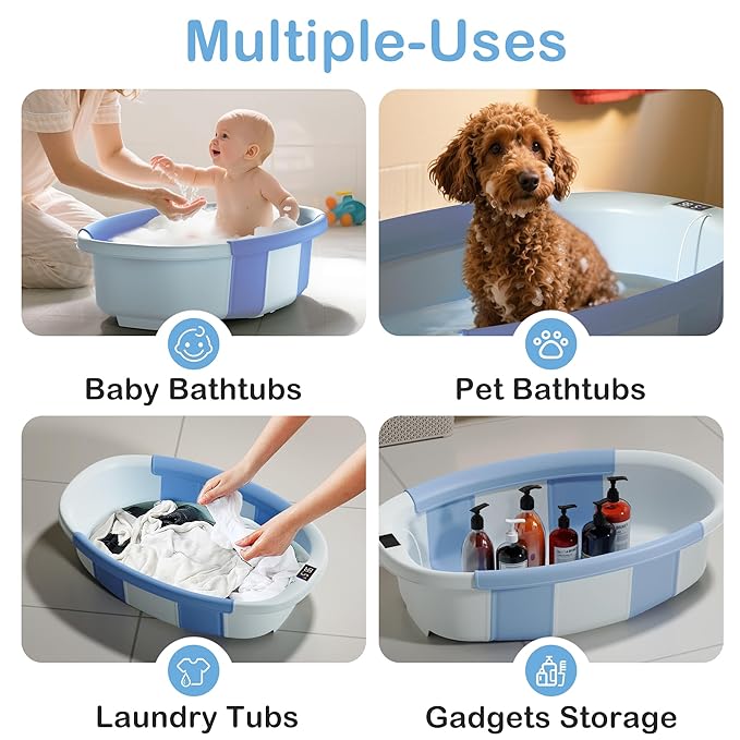 Collapsible Baby Bathtub - Large Baby Bath Tub with Thermometer & Cushion | Travel Portable Newborn Infant Bathtub | Foldable Toddler Bathtub for Baby 0 to 36 Months (Blue)