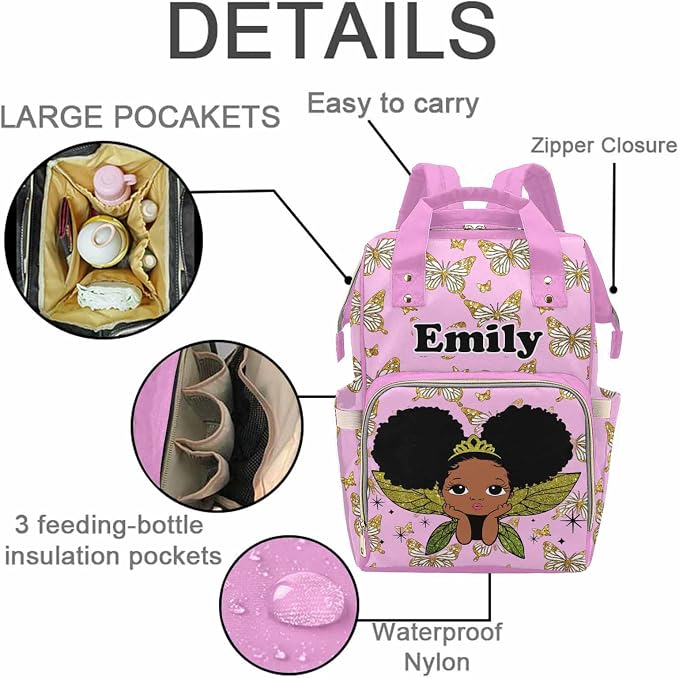M YESCUSTOM Customized Baby Changing Bags with Name Personalized Butterfly Baby Diaper Bag with Large Capacity Mommy Nursing Backpack for Travel Holiday Gift