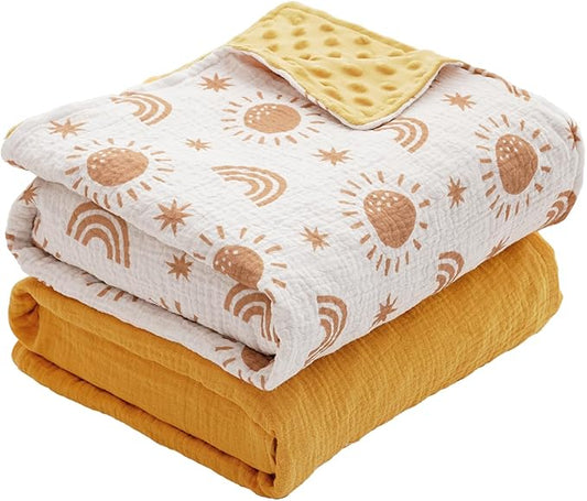 2 Pack Minky Baby Blankets,Super Soft Receiving Blankets with Muslin Cotton Front & Dotted Fleece Backing,39x29.5 Inches,Printed Bed Throws Newborn(Sun)