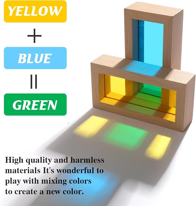 Wooden Building Blocks Set with Colored Acrylic Windows - 32 Pieces - Montessori Light Table Educational Sensory Stacking Toys for Toddlers & Preschoolers Ages 18M+