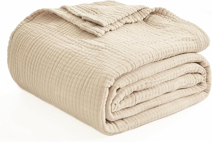 EMME Cotton Throw Blanket for Couch Soft Muslin Blankets 50"x60" Lightweight Breathable Blanket Beige All Season Gauze Blanket