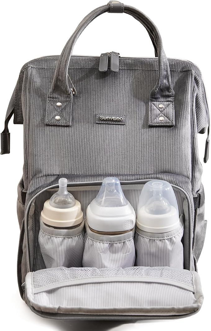 SUNVENO Velvet Stitching Diaper Bag Backpack Large Capacity Tote Shoulder Nappy Bag Organizer for Baby Care with Insulated Pockets,Waterproof Fabric, Grey