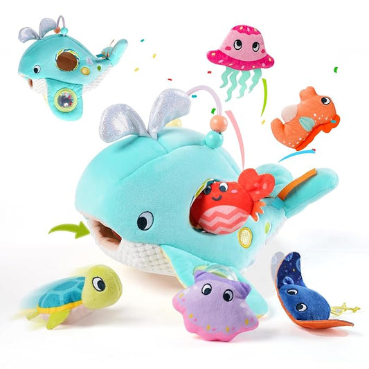Koty Baby Toys 6-12 Months, Montessori Sensory Toys,My First Ocean Whale House Toy with 6 Sea Animals | Bell Shell, Squeaky Seahorse & Crinkle Paper | Baby Gift