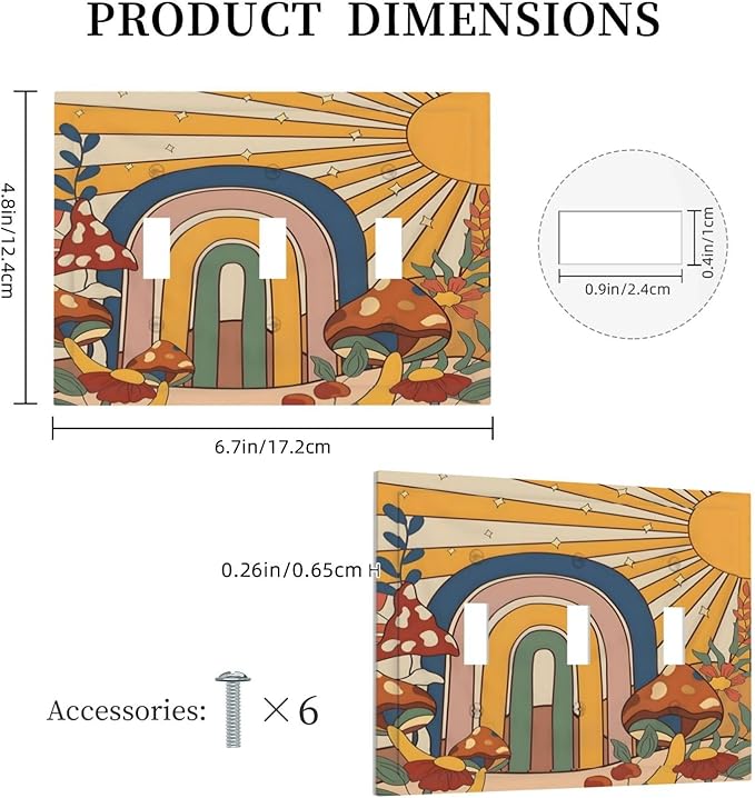 Boho Sun Rainbow Mushroom Hippie Vintage Floral Decorative Switch Plates 3 Gang Wall Plate Triple Toggle Light Switch Cover Faceplate Electrical Wall Panels for Kids Room Nursery Decor