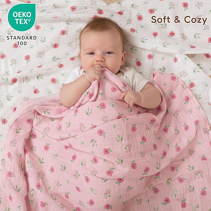 david's kids 4 Pack Baby Muslin Swaddle Blankets,100% Cotton and Ultra Soft Breathable Receiving Blanket Wrap for Girls, New Born Essentials, Large 47 x 47 inches, Floral Flowers/Pink
