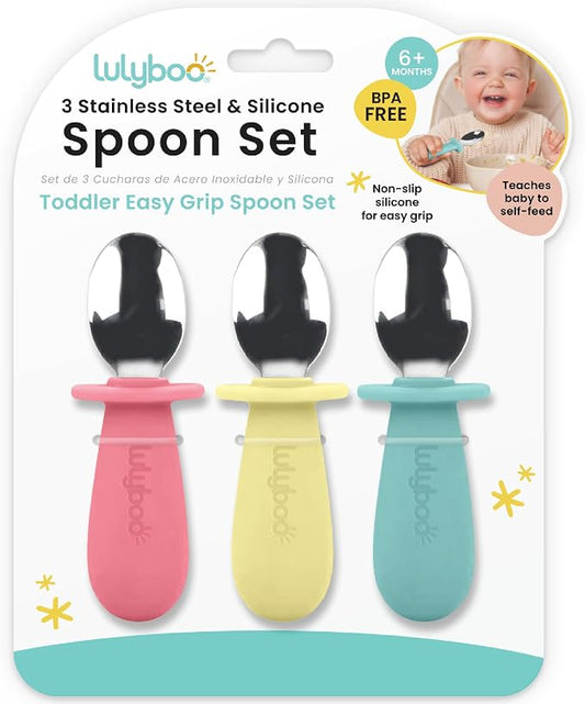 Lulyboo Baby Self-Feeding Stainless Steel & Silicone Spoon Set - Non-Slip Handle, Gentle Rounded Tip, Built-In Bite Guard, Dishwasher Safe, Toddler Feeding Utensils for 6 Months+, Travel & Daycare