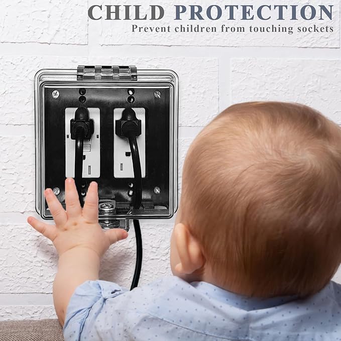 2-Gang Baby Safety Dual Outlet Cover Box - Fit 1.3??x 2.66?? Easier Operation, Simple 4 Step Install,Provides Extra Space Inside for Plugs,Adapters,4.53" high x 4.35" Wide x 2.52" deep
