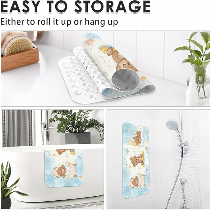 Teddy Bear Cute Bathtub Shower Mat Blue Baby Non-Slip Tub Extra Long Bath Floor 40X16 Inch Machine Washable for Bathroom Tub Bath Mat for Toddler and Baby