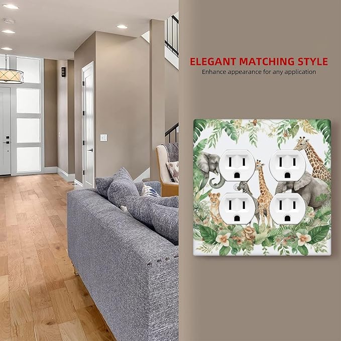 Tropical Leves Safari Animals Giraffe Elephant Zoo Outlet Covers 2 Gang Double Duplex Decorative Light Switch Covers Electrical Wallplates Socket Faceplate for Kids Room Nursery Decor