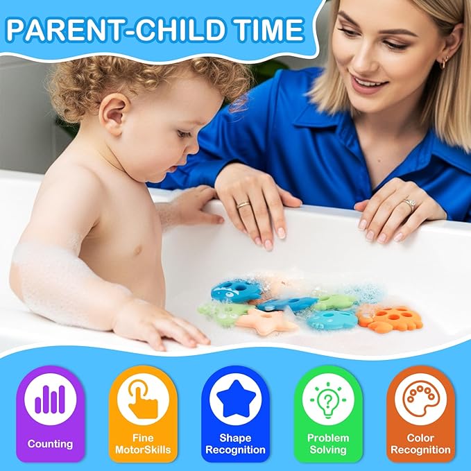 Baby Bath Toys, Mold Free Silicone Shape Sorting & Stacking Bath Toys for Kids Ages 1-3 with 10 Cute Floating Pieces, Color & Shape Sorter Toys Set for Toddler Early Learning Bathtub Fun Essentials
