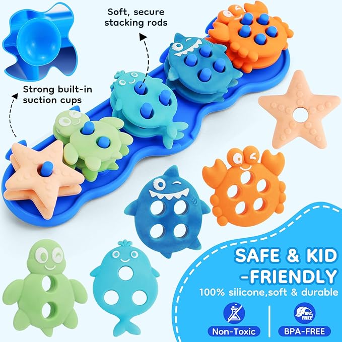 Baby Bath Toys, Mold Free Silicone Shape Sorting & Stacking Bath Toys for Kids Ages 1-3 with 10 Cute Floating Pieces, Color & Shape Sorter Toys Set for Toddler Early Learning Bathtub Fun Essentials