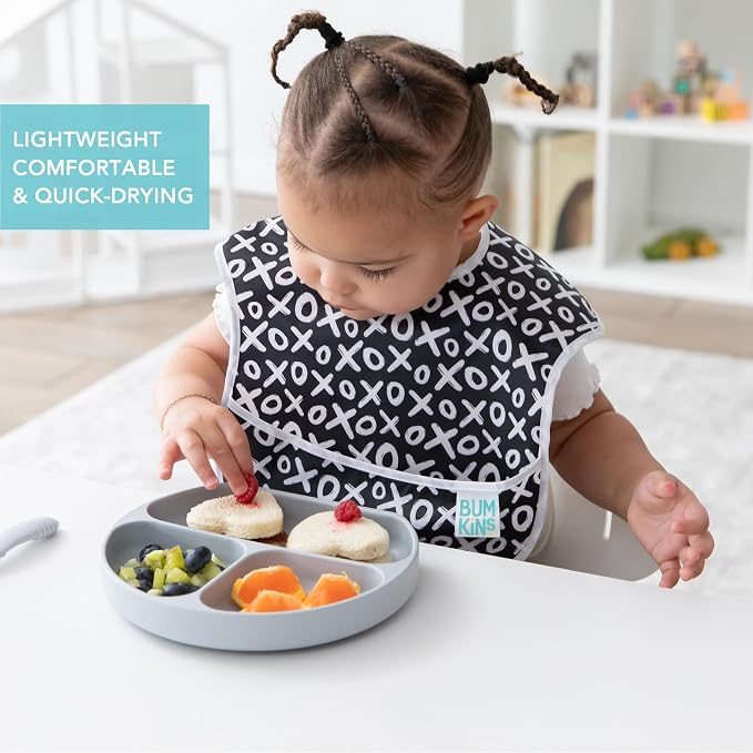 Bumkins - SuperBibs + Sleeved Bib - For Boys & Girls, Babies & Toddlers 6-24 Months - Lightweight, Durable, Waterproof - Catch-All Pocket - Wipeable & Machine Washable - Black Hearts on White - 3 Pack