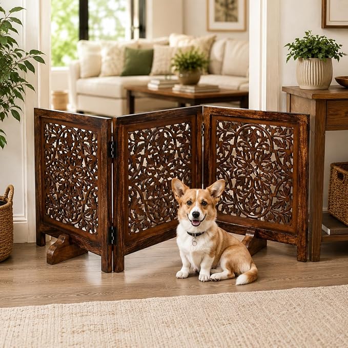Free Standing Dog Gate – 3 Panel Foldable Wooden Pet Gate Indoor, 60" W x 24" H, Decorative Hand-Carved Wood & MDF Pet Fence for Doorways,Stairs, Portable Indoor Dog Barrier,Natural Burnt Daisy Design