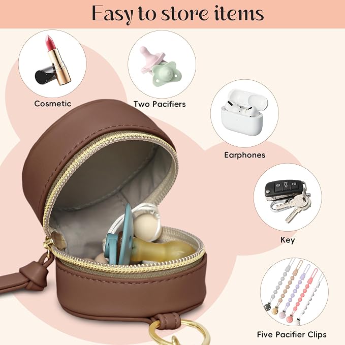 miss fong Checkered Pacifier Holder Case with Clip, Pacifier Pouch Cover, Pacifier Charm Pod with Clasp Attach to The Strollers & Diaper Bags, Hold 2 Pacifier or Nipple Shield(Coffee Checkered)