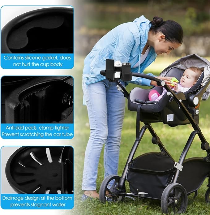 4-in-1 Universal Stroller Cup Holder with 360° Phone Mount - Adjustable Drink & Phone Holder for Strollers, Wheelchairs, Bikes, and Scooters 【Black】