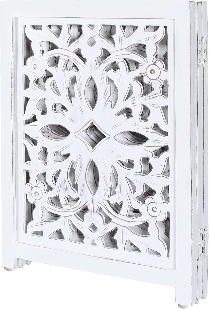 Lightnpro Foldable Carved Wooden Dog Gate - Freestanding 3-Panel Pet Barrier for Dogs - Decorative Walk-Over Fence for Stairs, Doorways & Hallways - Portable & Adjustable - Antique White (24x18 Inch)
