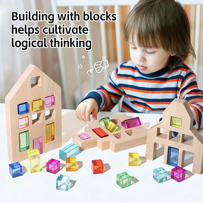 Dinhon 25 Pcs Acrylic Building Blocks with 3 Beech Wood Houses - 17 Cubes + 8 Long Blocks Rainbow Gem Set, Insert & Stack Sensory Toy for 1-5 Years Old Boys Girls, Creative Play Birthday Gift