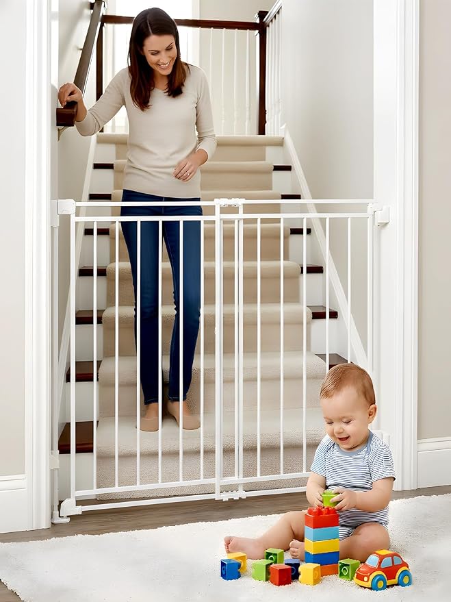 Baby Gate Extra Wide 32-54”W x 39”Extra Tall,Must Drill to Install,One-Hand Operation，No Bottom Threshold,Auto Close，White