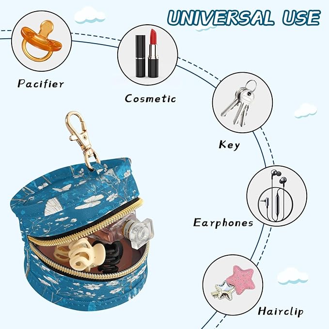 Pacifier Holder with Clip Pacifier Case for Diaper Bag Round Baby Pacifier Pouch Box Bag Portable Deep Blue Floral Butterfly