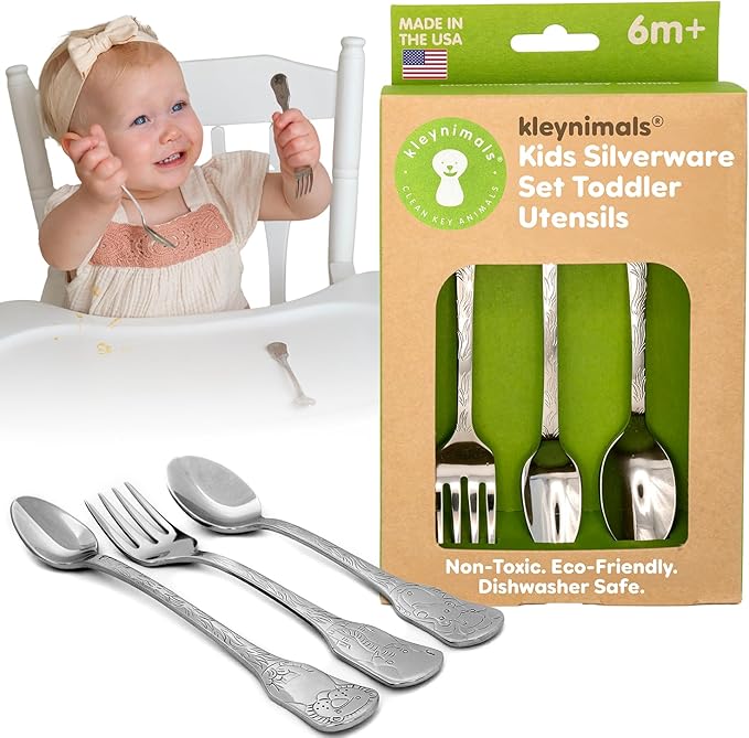 Kleynimals Safari Friends Made in USA Baby Flatware ??100% Stainless Steel Baby Forks and Spoons, Non-Toxic, BPA-Free, Eco-Friendly, Dishwasher Safe ??Safe Utensils for Babies & Toddlers