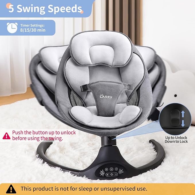 LAREX Baby Swing Infant Swing Electric Toddler Baby Rocker Portable for Newborn Boy Girl, 5 Sway Speeds with Remote Control, 10 Preset Melodies and Bluetooth, 0-6 Months Max 20 Lbs (Black)
