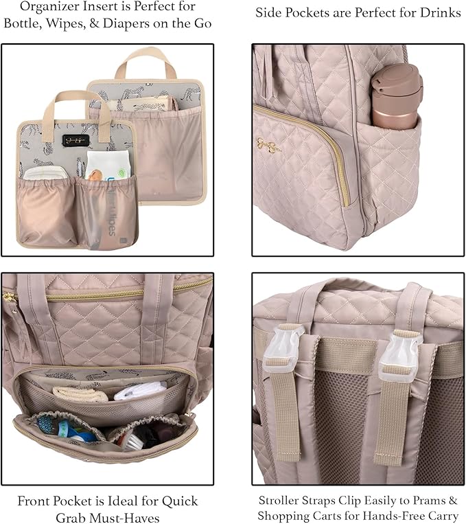 Jessica Simpson Quilted Diaper Bag Backpack with Insulated Pockets, Portable Changing Pad, Stroller Straps, Organizer Insert 3 Pc. Set (Khaki)