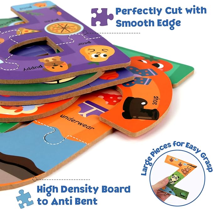 SYNARRY Wooden Alphabet Puzzles for Kids Ages 3-5, ABC Learning for Toddlers Ages 3+, Sight Words Letter Puzzles Montessori Toys Educational STEM for Preschool Boys Girls Kids Gifts
