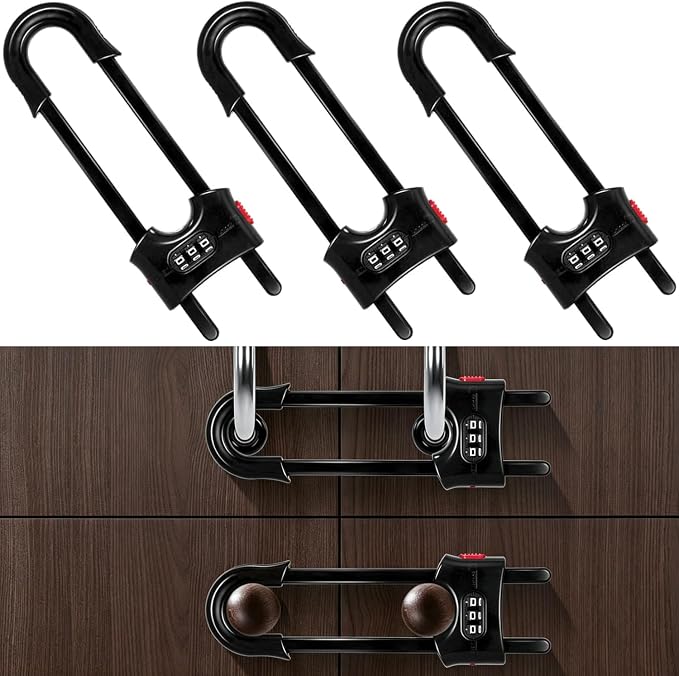 3 Packs U-Shaped Sliding Cabinet Locks, Baby Proofing Cabinets with Adjustable Child Safety Lock for Knob Handle Drawers Closet Home Cabinets Refrigerator Doors (Black, 3 Pack)