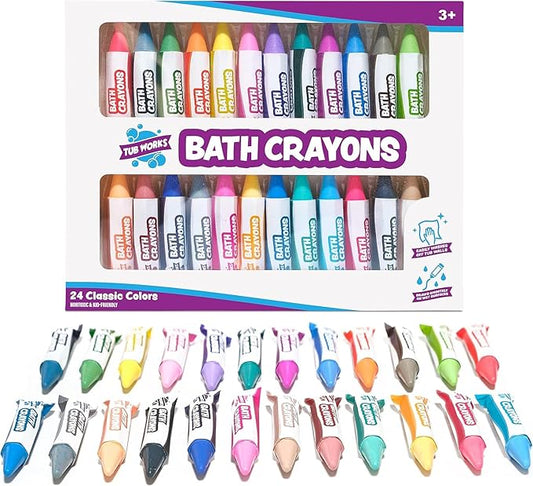 Tub Works® Smooth??Bath Crayons Bath Toy, 24 Pack | Nontoxic, Washable Bath Crayons for Toddlers & Kids | Unique Formula Draws Smoothly & Vividly on Wet & Dry Tub Walls | Hexagon Grip Bathtub Crayons