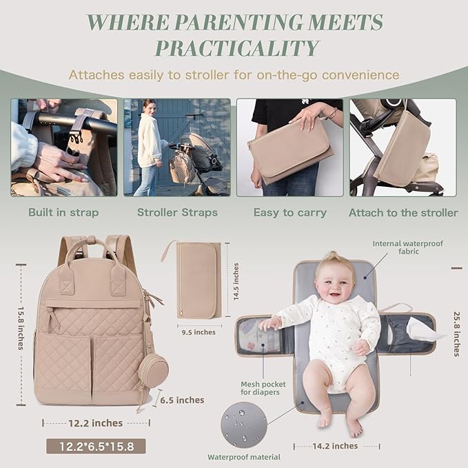 Diaper Bag Backpack Baby Bags with Changing Pad Large Newborn Maternity Bags,18 Pockets,Insulated Pockets,Stroller Straps,Khaki