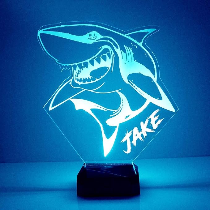 Personalized Shark LED Sign Night Light Lamp with Remote, Custom Text, Acrylic Display with 16 Colors & 4 Modes, Battery or USB Power, Made in The USA
