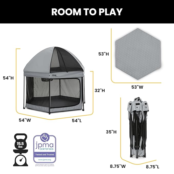 Jeep Hexagon Pop Up Play Yard with Removable Canopy | Ideal for Indoor and Outdoor Use, Grey