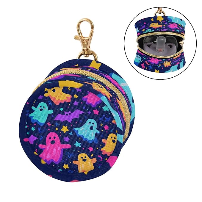 Pacifier Holder with Clip Pacifier Case for Diaper Bag Round Baby Pacifier Pouch Box Bag Portable Neon Halloween Ghosts Stars Bats