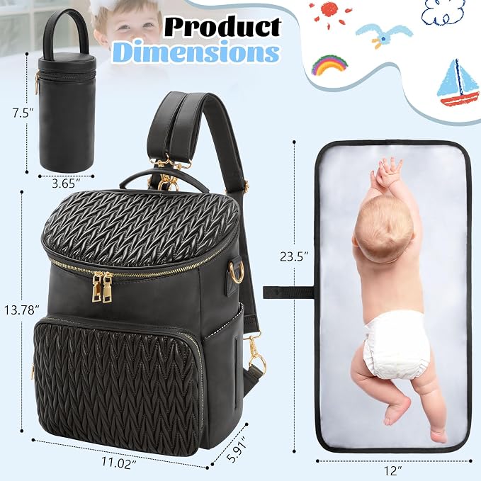 Minsong Diaper Bag Backpack, Fashion Leather Mommy Backpacks, Travel Baby Diaper Bags with in Bag Organizer and Changing Pad (Black-stripes)