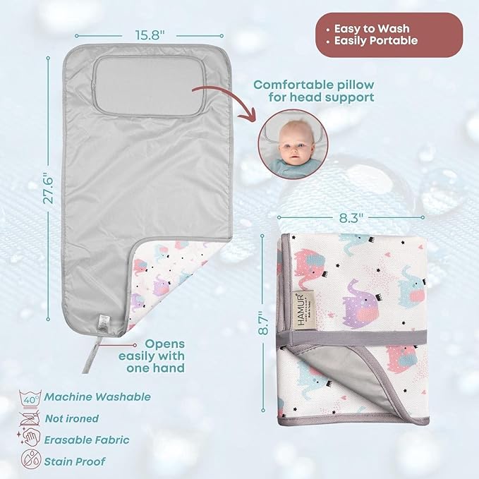 Hamur Home Portable Changing Pad ??Waterproof, Washable & Easy Wipe Clean, Foldable Travel Baby Changing Mat for Diaper Bag, Compact & Lightweight, Must-Have for Newborns (Elephant Pattern)