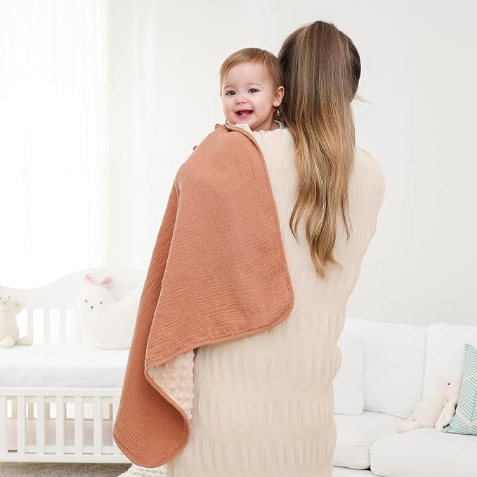 Susurration Baby Blanket for Unisex Boys Girls, 2 Pack Soft Fluffy Crib Blankets with Muslin Cotton Front and Dotted Fleece Back, Receiving Blanket for Baby Newborn Infant, 30x40in, Beige Sun&Brown