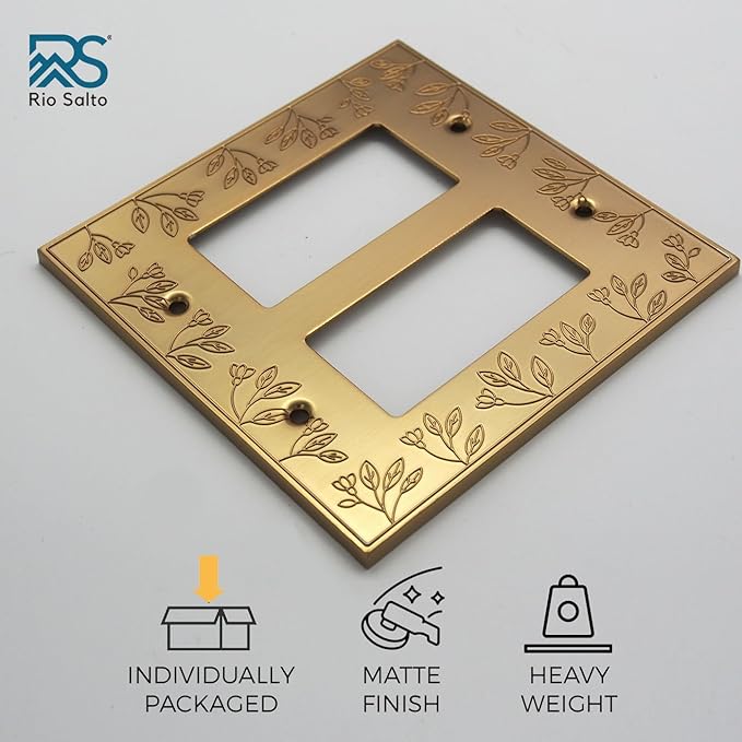 Rio Salto Floral Collection Brushed Brass Gold Double Rocker Light Switch Cover ??2-Gang Midsize - 2 Pack Metal Wall Plate 5" x 5" Heavy-Gauge Luxury Decorative Switch Plate