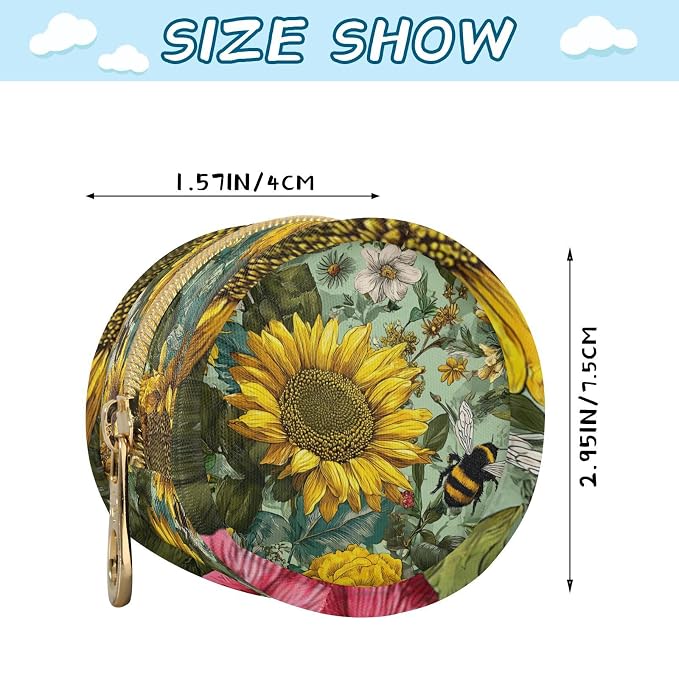 Pacifier Holder with Clip Pacifier Case for Diaper Bag Round Baby Pacifier Pouch Box Bag Portable Bees Sunflowers Leaves Green