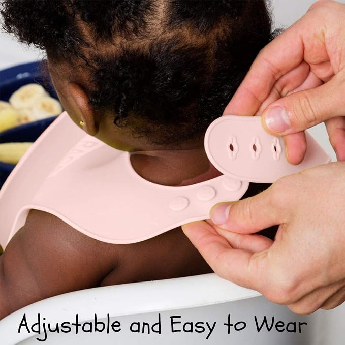 EVLA'S Baby Feeding Set, Baby Led Weaning Supplies, Adjustable Silicone Bibs, Divided Plate, Suction Bowl with Lid, Soft Spoons for Babies or Toddlers, Baby Registry must have!(Pink and Gray)