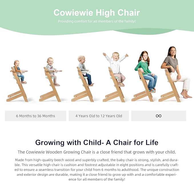 Cowiewie 3-in-1 Convertible Natural Wooden High Chair for Babies & Toddlers 3-Tier Remove & 2 Adjustable Wood Tray & 8 Levels Adjustable, 2 Waterproof Cozy Cushions Green