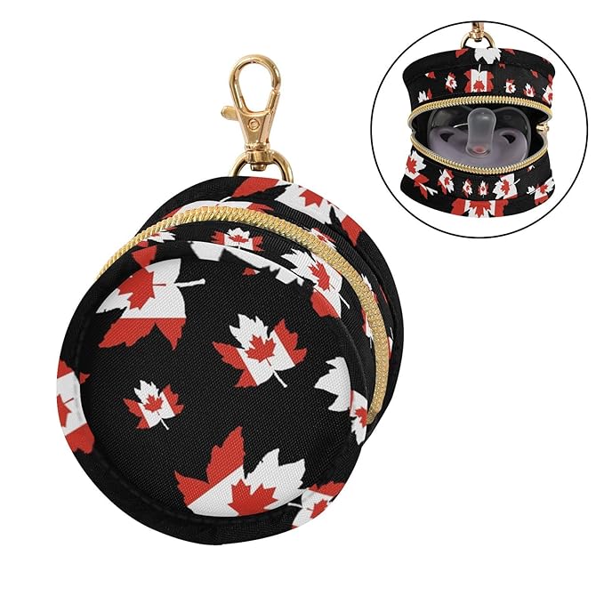Canada Flag Canadian Maple Leaf Polyester Pacifier Holder Case Portable Container Accommodate Baby Binky Cover Pouch Pacifiers Storage Case with Circular Buckle