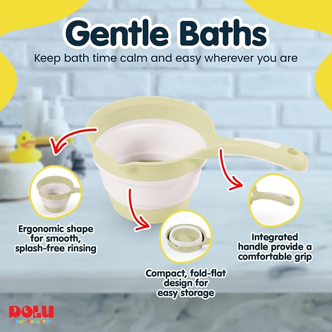 DOLU Foldable Bath Ladle for Compact Toddler Wash Tub, Portable and Space Saving Design Ideal for Ages 6 Months and Older, Eco Green