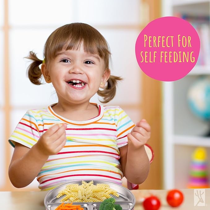 Elk and Friends Stainless Steel Divided Plates with Silicone Sleeve for Babies & Toddlers | Lids Included | Stay Put Suction | Dinner & Snack Plates | 4 Pack