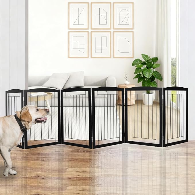 ZJSF Freestanding Foldable Dog Gate for House Extra Wide Wooden Black Indoor Puppy Gate Stairs Dog Gates Doorways Tall Pet Gate 6 Panels Fence
